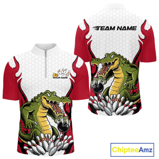 Custom Funny Alligator Bowling Men Quarter-Zip Shirt, Alligator Red Bowling Team League Shirt IPHW10683