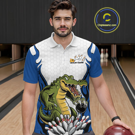 Custom Funny Alligator Bowling Men Polo Shirt, Alligator Blue Bowling Team League Shirt IPHW10684