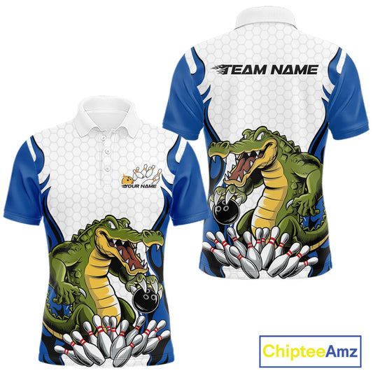 Custom Funny Alligator Bowling Men Polo Shirt, Alligator Blue Bowling Team League Shirt IPHW10684