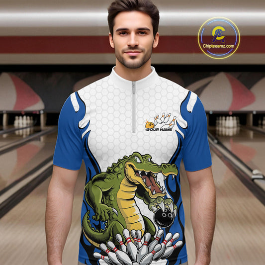Custom Funny Alligator Bowling Men Quarter-Zip Shirt, Alligator Blue Bowling Team League Shirt IPHW10684