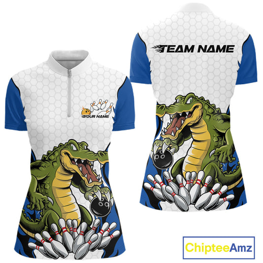 Custom Funny Alligator Women Bowling Shirts, Alligator Blue Bowling Team League Shirt IPHW10684