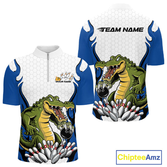 Custom Funny Alligator Bowling Men Quarter-Zip Shirt, Alligator Blue Bowling Team League Shirt IPHW10684