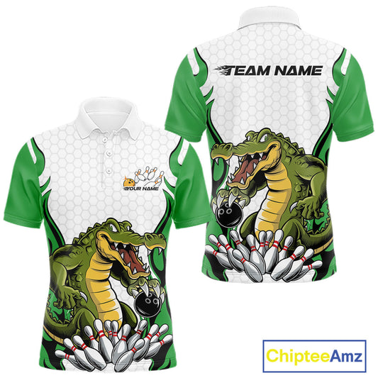 Custom Funny Alligator Bowling Men Polo Shirt, Alligator Green Bowling Team League Shirt IPHW10685