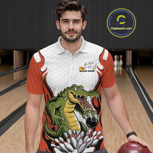 Custom Funny Alligator Bowling Men Polo Shirt, Alligator Orange Bowling Team League Shirt IPHW10686