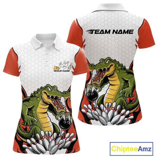 Custom Funny Alligator Bowling Women Polo Shirt, Alligator Orange Bowling Team League Shirt IPHW10686