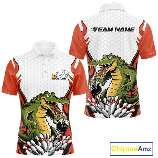 Custom Funny Alligator Bowling Men Polo Shirt, Alligator Orange Bowling Team League Shirt IPHW10686