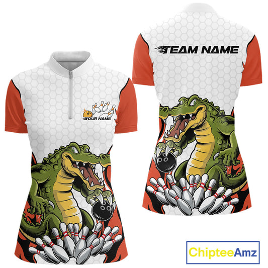 Custom Funny Alligator Women Bowling Shirts, Alligator Orange Bowling Team League Shirt IPHW10686