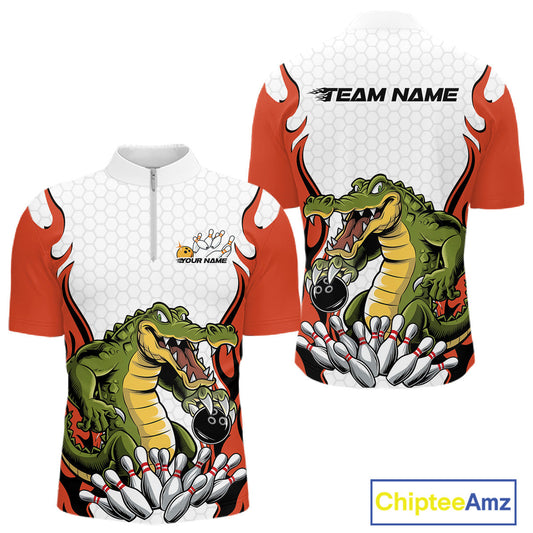 Custom Funny Alligator Bowling Men Quarter-Zip Shirt, Alligator Orange Bowling Team League Shirt IPHW10686