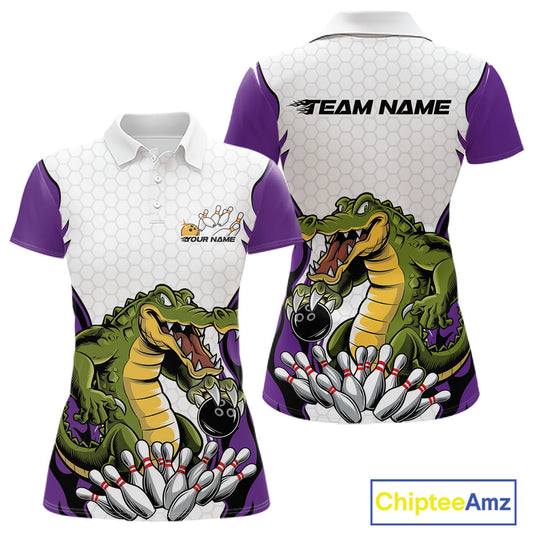 Custom Funny Alligator Bowling Women Polo Shirt, Alligator Purple Bowling Team League Shirt IPHW10687