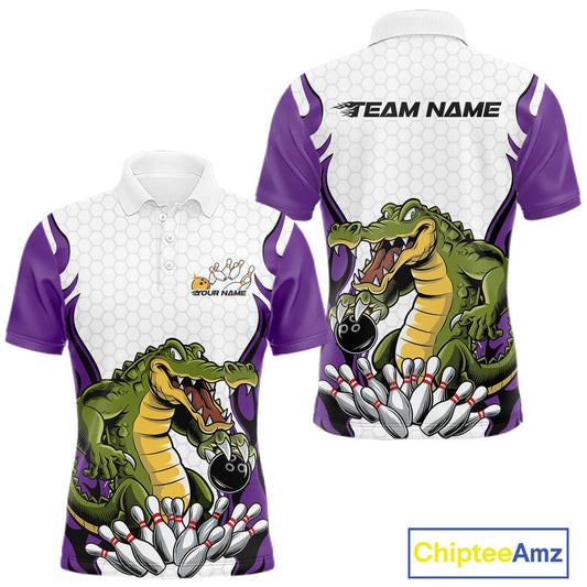Custom Funny Alligator Bowling Men Polo Shirt, Alligator Purple Bowling Team League Shirt IPHW10687