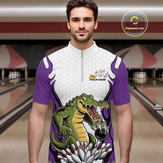 Custom Funny Alligator Bowling Men Quarter-Zip Shirt, Alligator Purple Bowling Team League Shirt IPHW10687