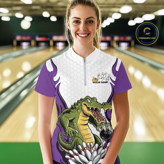 Custom Funny Alligator Women Bowling Shirts, Alligator Purple Bowling Team League Shirt IPHW10687