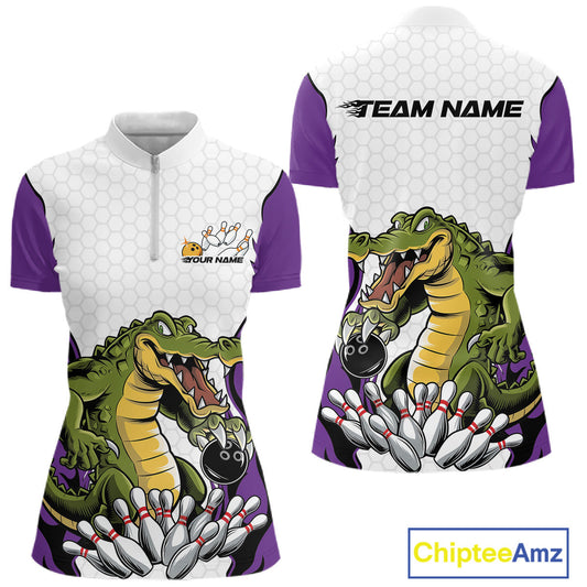 Custom Funny Alligator Women Bowling Shirts, Alligator Purple Bowling Team League Shirt IPHW10687