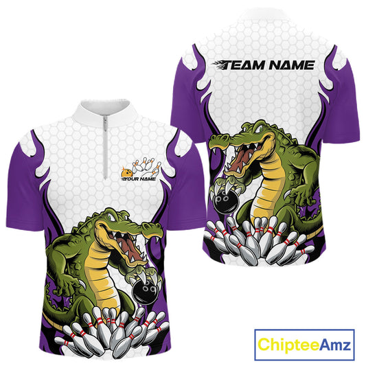Custom Funny Alligator Bowling Men Quarter-Zip Shirt, Alligator Purple Bowling Team League Shirt IPHW10687