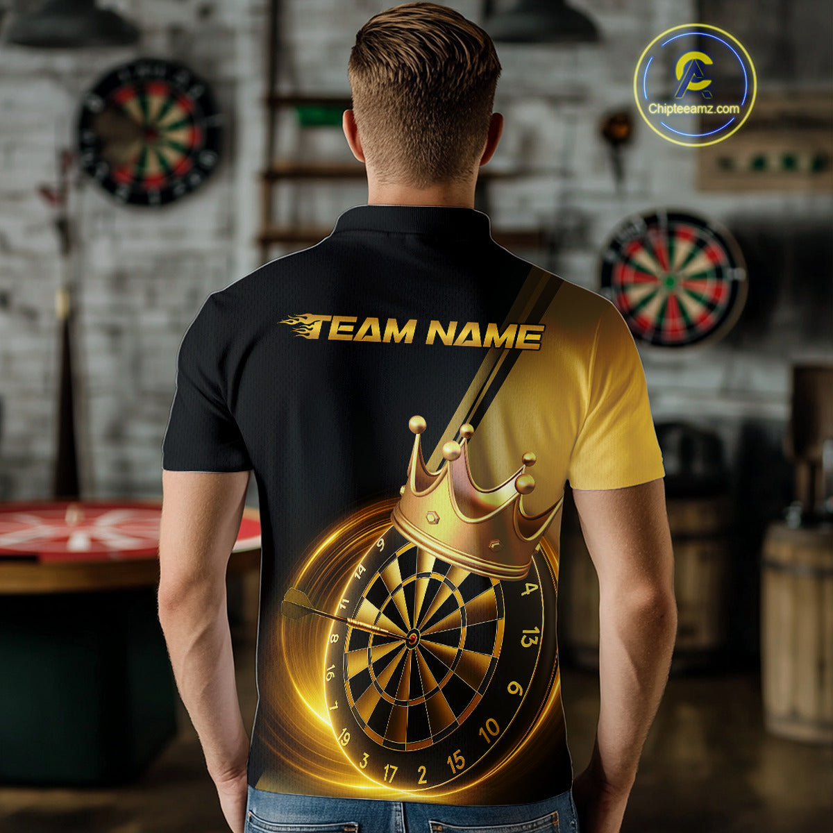 Custom Black And Gold Dartboard With Crown Dart Team Men Polo Shirts, Dart Jerseys IPHW9995