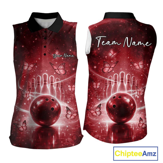 Custom Red Butterfly Women Bowling Sleeveless Polo Shirt, Ladies Bowling League Shirt IPHW10921