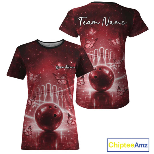 Custom Red Butterfly Women Bowling T-Shirts, Ladies Bowling League IPHW10921
