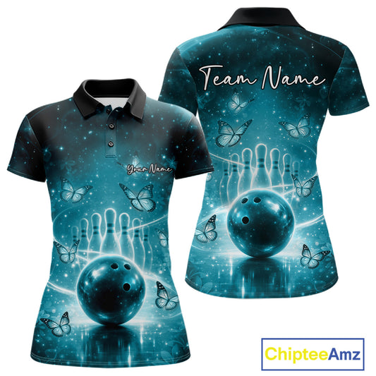 Custom Blue Butterfly Women Bowling Polo Shirt, Ladies Bowling League Shirt IPHW10922