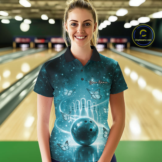 Custom Blue Butterfly Women Bowling Polo Shirt, Ladies Bowling League Shirt IPHW10922