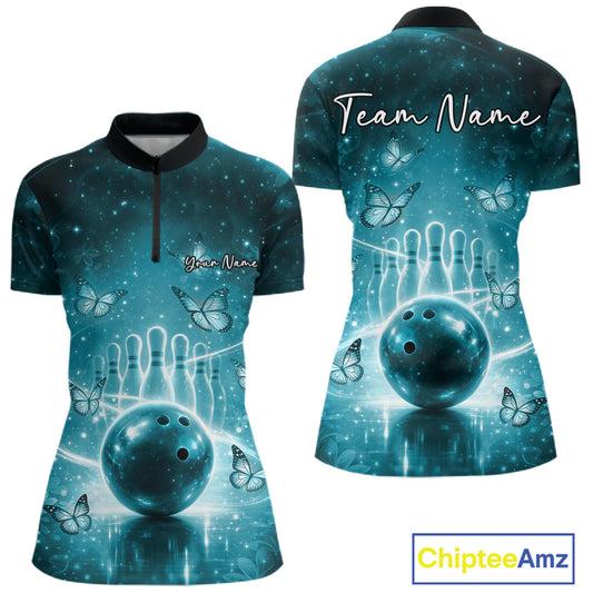 Custom Blue Butterfly Women Bowling Quarter-Zip Shirt, Ladies Bowling League Shirt IPHW10922