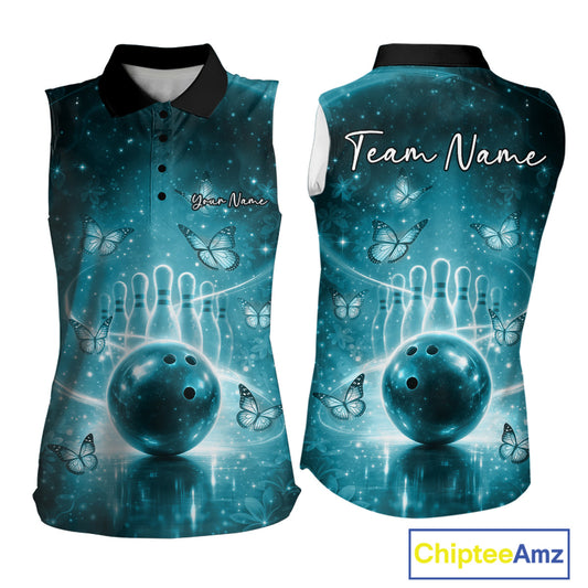 Custom Blue Butterfly Women Bowling Sleeveless Polo Shirt, Ladies Bowling League Shirt IPHW10922