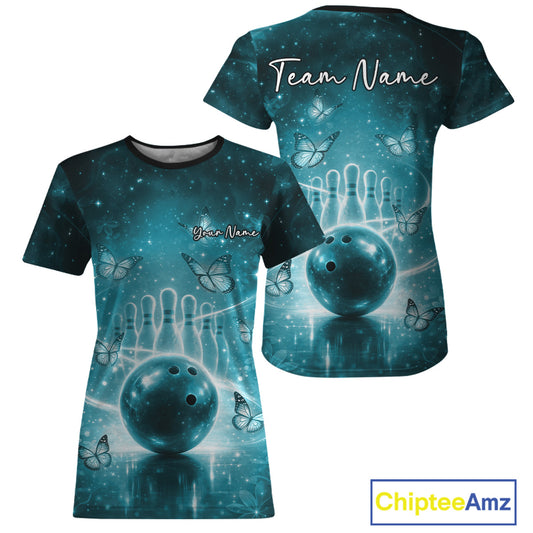 Custom Blue Butterfly Women Bowling T-Shirts, Ladies Bowling League IPHW10922