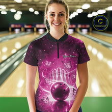 Load image into Gallery viewer, Custom Pink Butterfly Women Bowling Quarter-Zip Shirt, Ladies Bowling League Shirt IPHW10923
