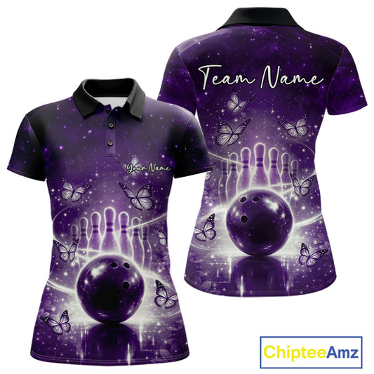 Custom Purple Butterfly Women Bowling Polo Shirt, Ladies Bowling League Shirt IPHW10924