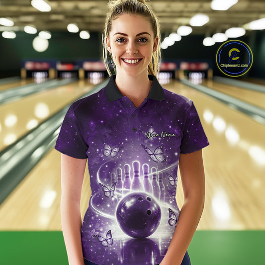 Custom Purple Butterfly Women Bowling Polo Shirt, Ladies Bowling League Shirt IPHW10924