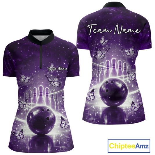 Custom Purple Butterfly Women Bowling Quarter-Zip Shirt, Ladies Bowling League Shirt IPHW10924