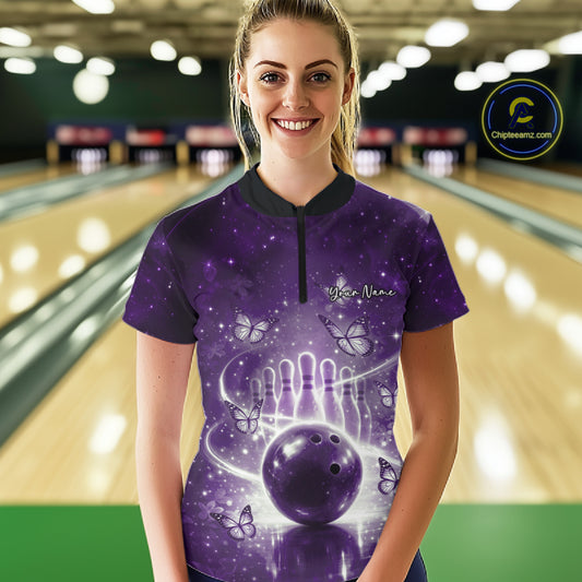 Custom Purple Butterfly Women Bowling Quarter-Zip Shirt, Ladies Bowling League Shirt IPHW10924