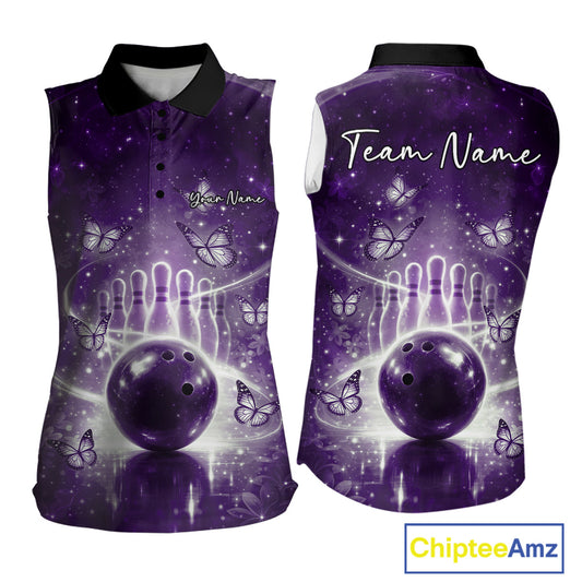 Custom Purple Butterfly Women Bowling Sleeveless Polo Shirt, Ladies Bowling League Shirt IPHW10924