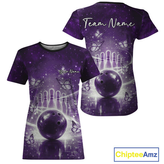 Custom Purple Butterfly Women Bowling T-Shirts, Ladies Bowling League IPHW10924