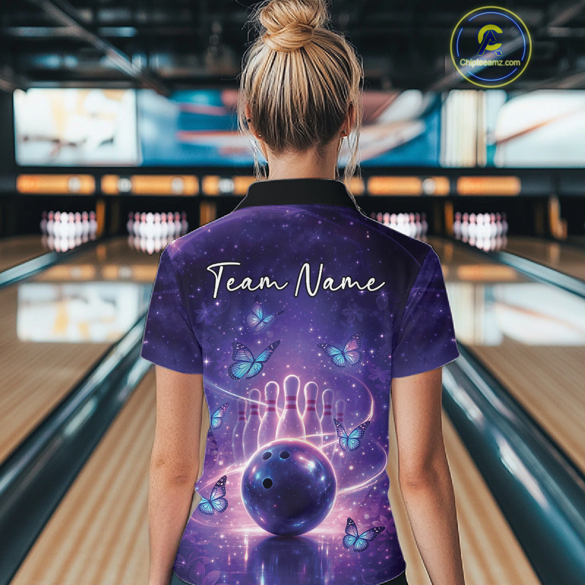 Custom Blue And Purple Butterfly Women Bowling Shirt, Ladies Bowling League Shirt IPHW10925