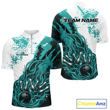Load image into Gallery viewer, Custom Turquoise Blue Flame Bowling Men Quarter-Zip Shirt, Bowling League Shirt Bowler Jerseys IPHW11244