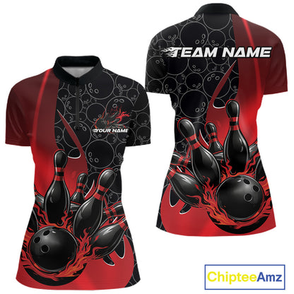 Front and back view of a womens black and red bowling quarter-zip shirt mockup, featuring flaming bowling ball striking pins artwork with dynamic gradient bowling ball pattern graphics.