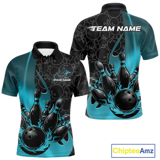 Front and back view of a mens black and blue bowling polo shirt mockup featuring gradient bowling ball pattern with flaming black bowling ball striking pins dynamic graphics.