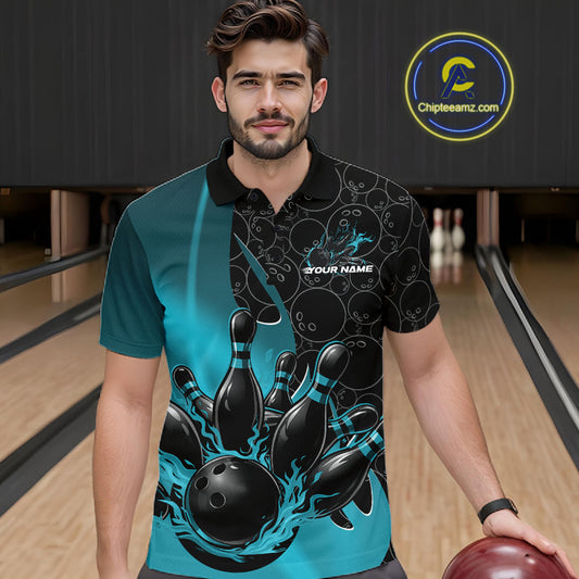 Front view of a male model in a bowling lane wearing a black and blue polo shirt with flaming black bowling ball striking pins and energetic bowling visuals.