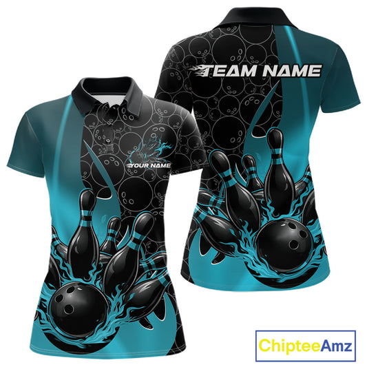 Front and back view of a womens black and blue polo shirt mockup featuring gradient bowling ball pattern with flaming black bowling ball striking pins athletic styling.