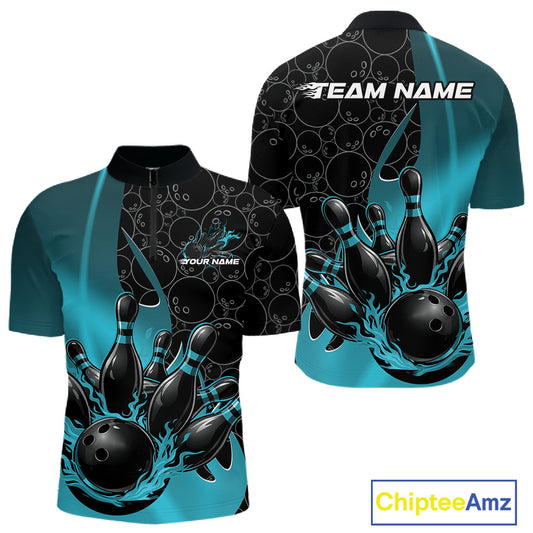 Mens quarter zip bowling shirt mockup front and back, black and blue shirt with bowling ball pattern, gradient effects and flaming bowling ball strike artwork