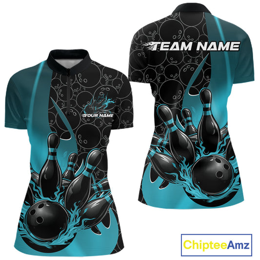Womens quarter zip bowling shirt mockup displaying black and blue colorway with gradient bowling ball pattern and flaming bowling ball striking pins artwork
