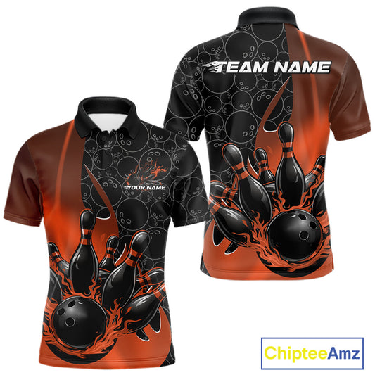 Front and back view of a mens black and orange bowling polo shirt mockup featuring gradient bowling ball pattern with flaming black bowling ball striking pins dynamic design.