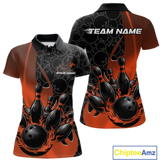 Front and back view of a womens black and orange polo shirt mockup featuring gradient bowling ball pattern with flaming black bowling ball striking pins sporty graphics.
