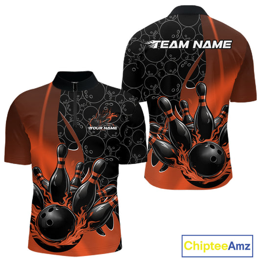 Mens quarter zip bowling shirt mockup front and back, black and orange shirt with bowling ball pattern, gradients and flaming bowling ball striking pins artwork