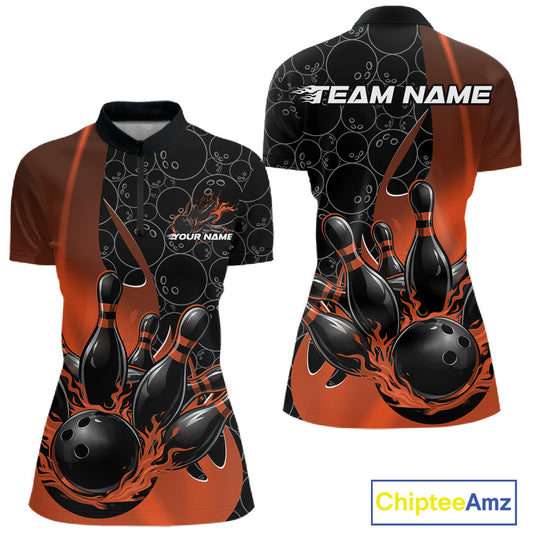 Womens quarter zip bowling shirt mockup featuring black and orange colorway with gradient bowling ball pattern and flaming bowling action artwork