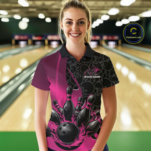 Load image into Gallery viewer, Custom Black And Pink Flame Bowling Team Women Polo Shirt, Bowling Ball Pattern Jerseys IPHW11280