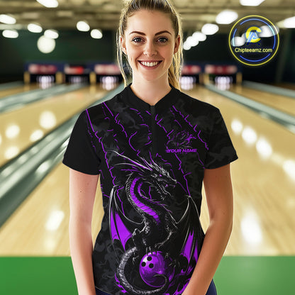 Custom Gray And Purple Camo Dragon Claws Bowling Women Quarter-Zip Shirts, Team Jerseys IPHW9856