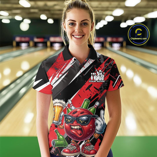 Custom Funny Bowling Ball Drink Beer Bowling Women Polo Shirt, Grunge Red Team Shirt IPHW10117