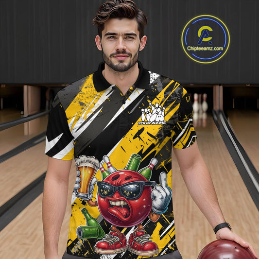 Custom Funny Bowling Ball Drink Beer Bowling Men Polo Shirt, Grunge Yellow Team Shirt IPHW10119