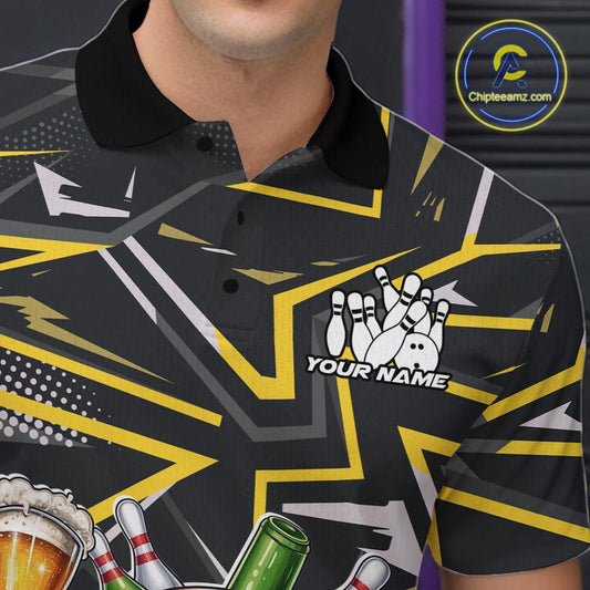 Custom Funny Bowling Ball Drink Beer Bowling Men Polo Shirt, Yellow Bowling Team Shirt IPHW10120